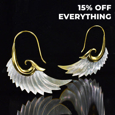 tribal brass and silver earrings, mother of pearl angel wing