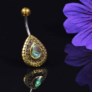 tribal ethnic navel bar with mother of pearl abalone shell
