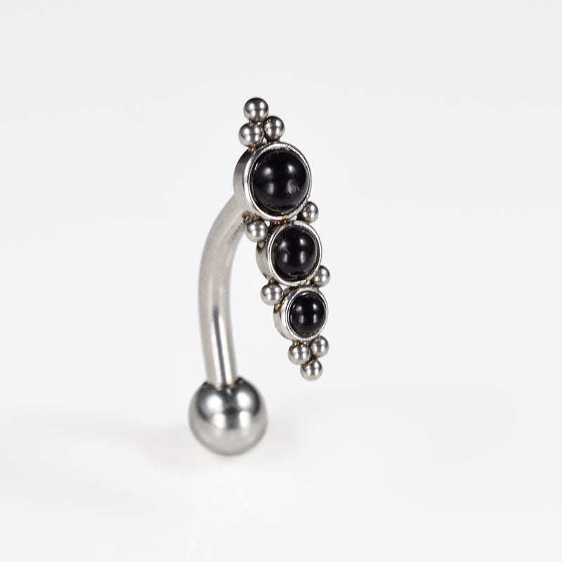 reverse tribal navel bar with black onyx stones and decorative beading