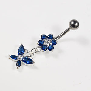 blue flower belly bar with dangling blue butterfly
