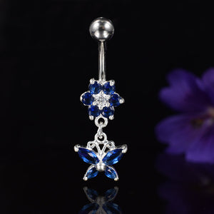 blue butterfly dangling silver ended navel bar