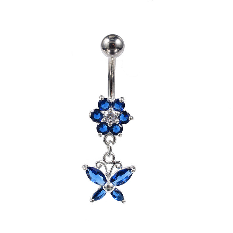 Blue Flower Navel Bar with Dangling Blue Butterfly