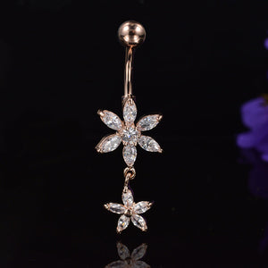 rose gold navel bar with crystal flower