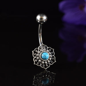 Tribal silver ended navel bar with turquoise stone