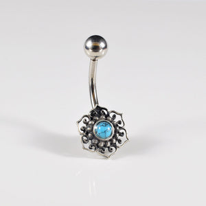 Tribal navel bar, silver ended with turquoise stone