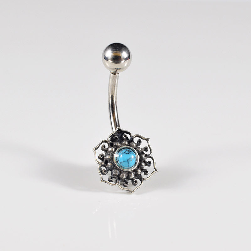 Tribal navel bar, silver ended with turquoise stone