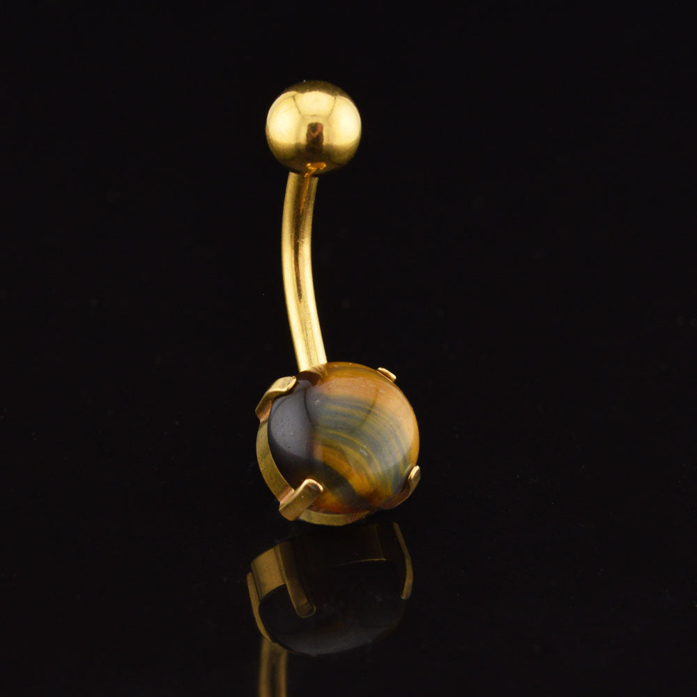 Gold steel navel bar with prong set tigers eye stone