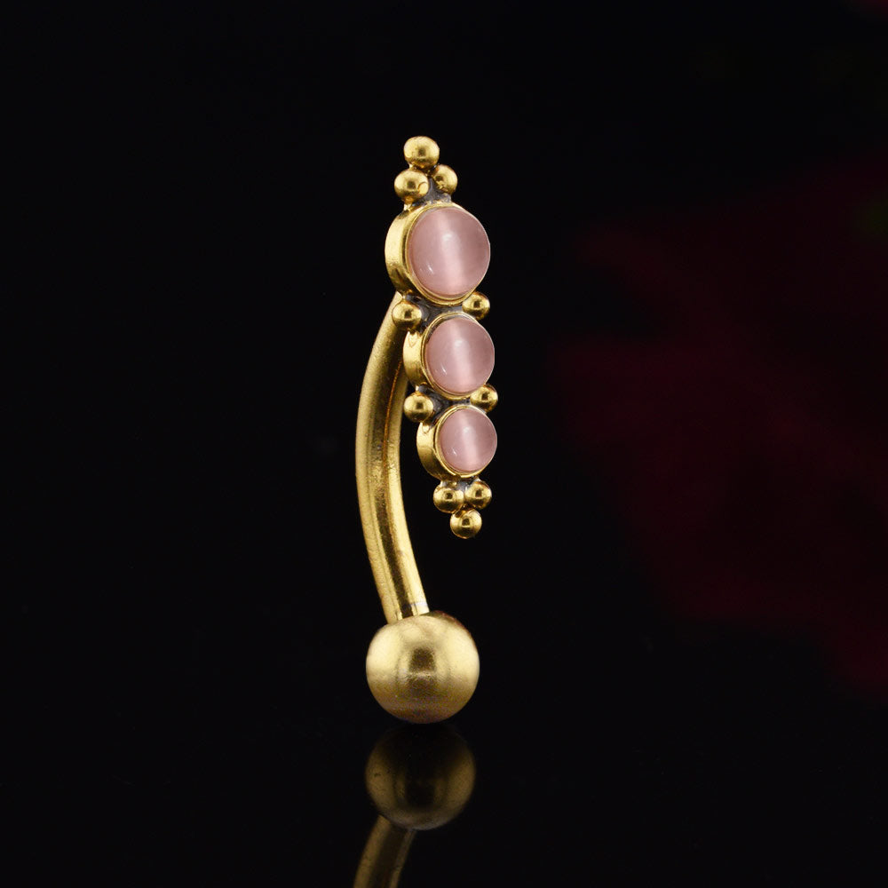 reverse navel bar, gold surgical steel with rose pink cats eyes stones and tribal beads