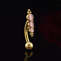reverse navel bar, gold surgical steel with rose pink cats eyes stones and tribal beads