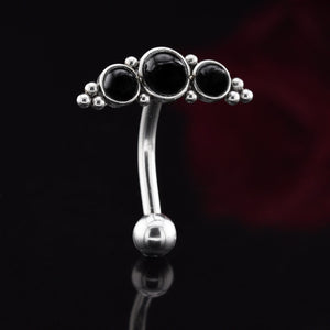 reverse navel bar, surgical steel, 1.6mm, with triple black onyx stones and tribal bead design