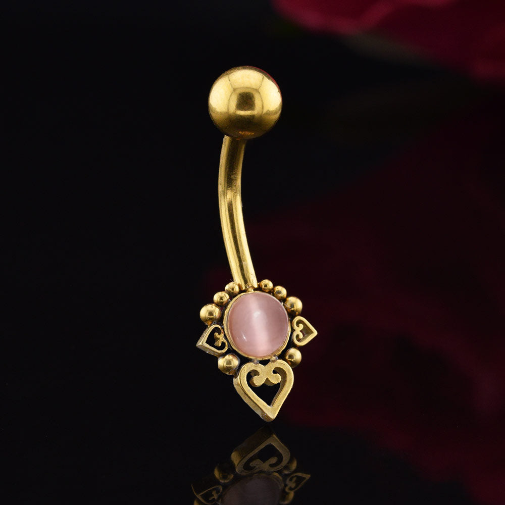 gold steel navel bar with pink rose cats eye stone and tribal beads and hearts