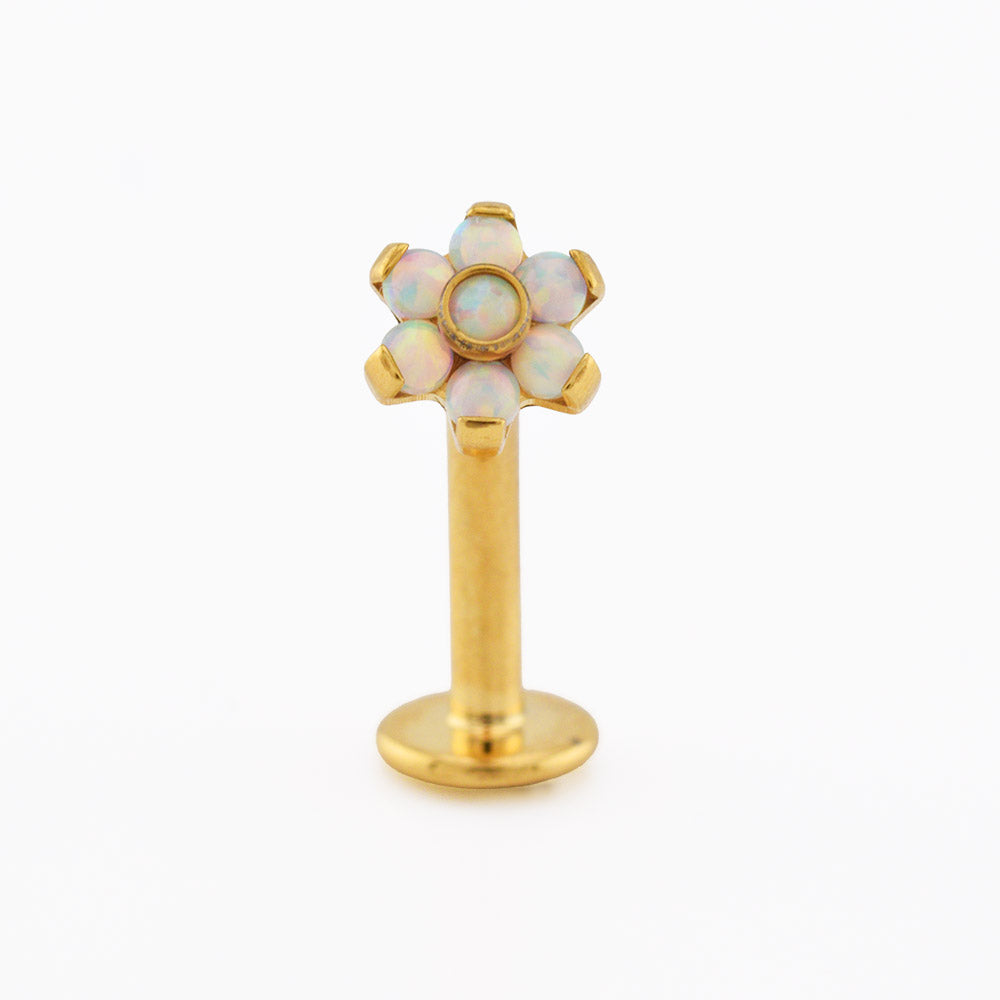 Navel bar in gold titanium with opal flower, threadless