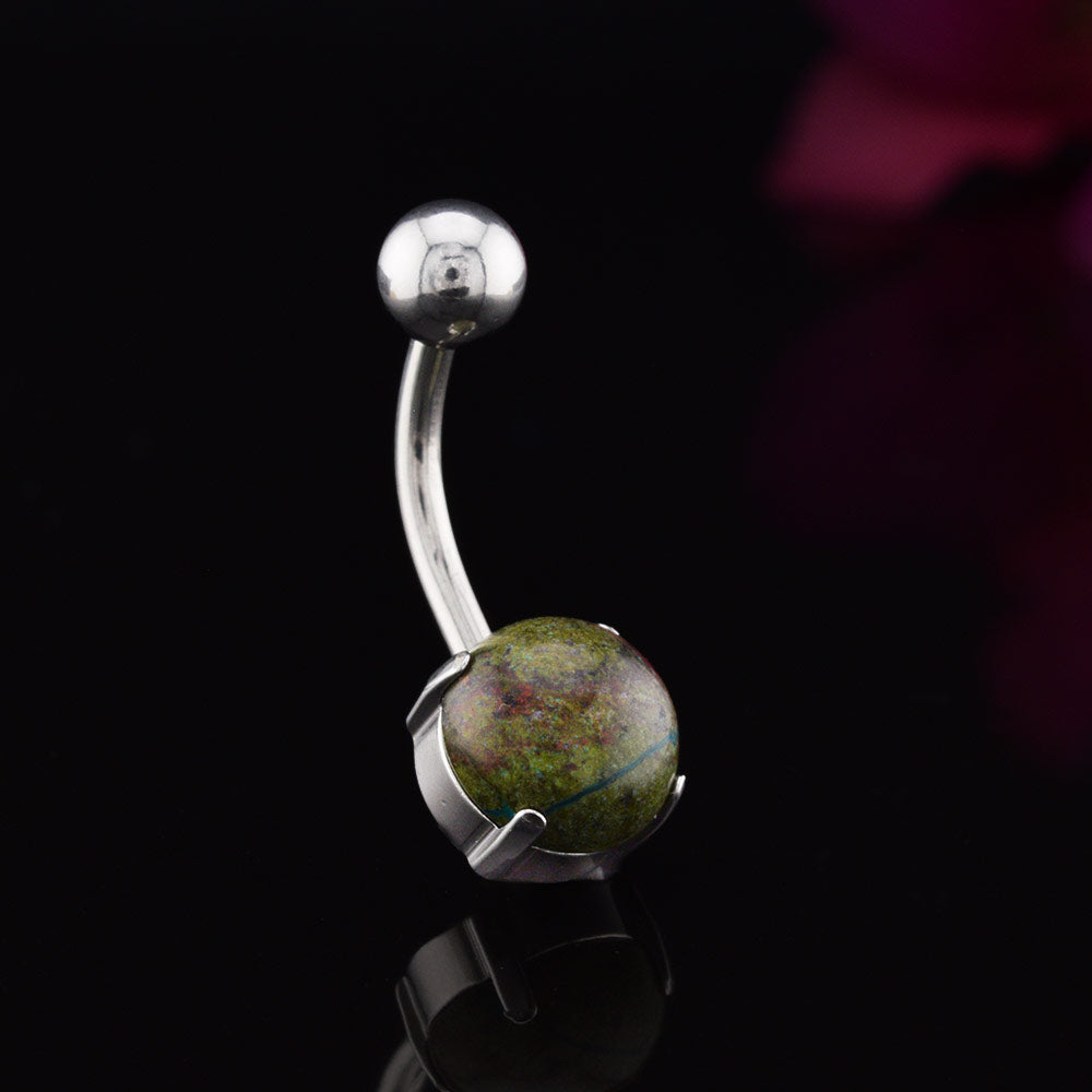 Navel Bar with dark green african jade stone on black background
