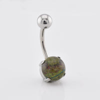 Navel Bar with dark green african jade stone on white background
