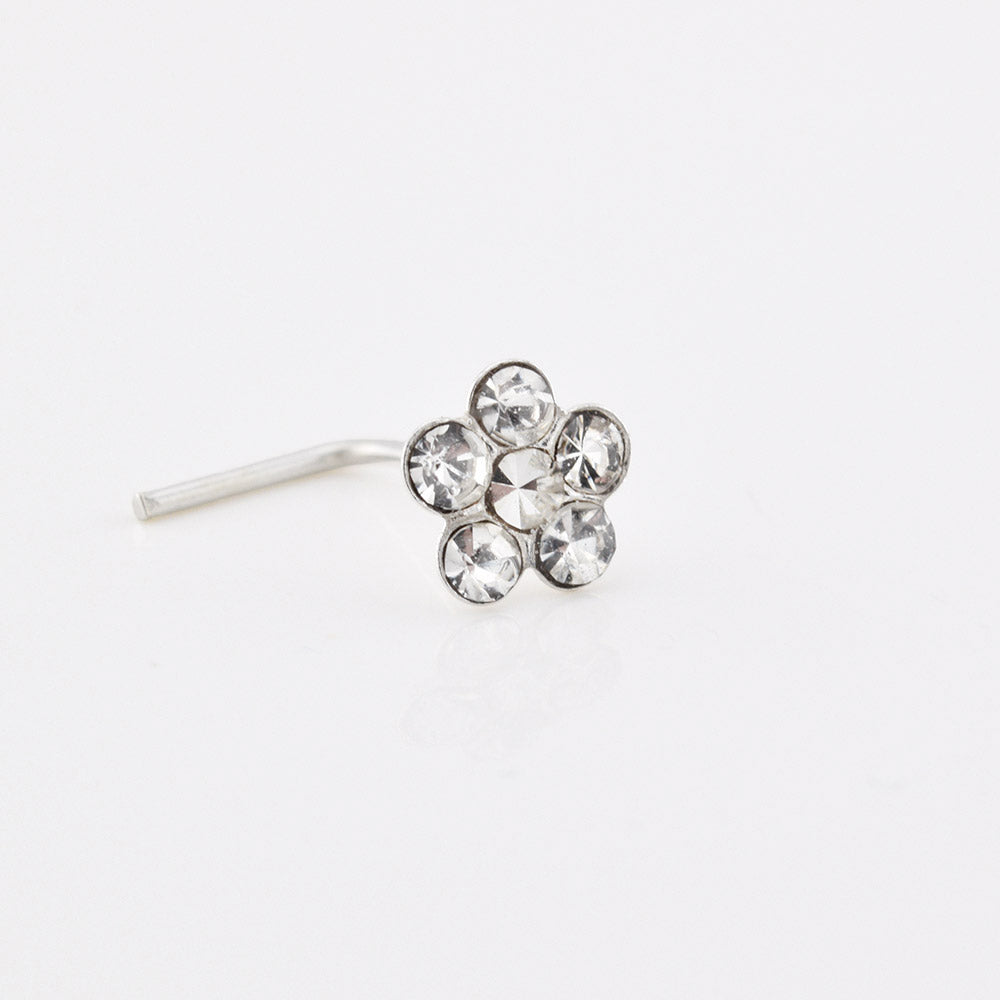 silver nose stud with crystal flower design