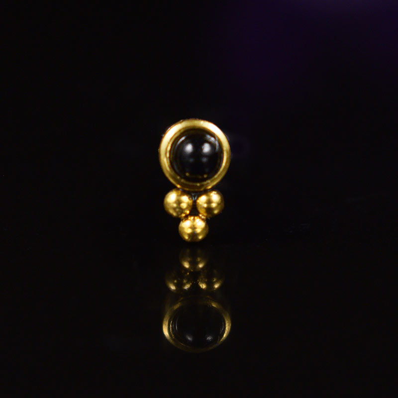 gold nose stud with black onyx stone and triple beads