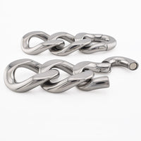 Polished silver-toned metal chain link ear weights with thick, glossy interlocking links and a magnetic clasp, photographed on a clean white background.
