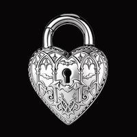 Gothic Ear Weights in the shape of a heart padlock decorated with bats and vaulted architecture on a black background