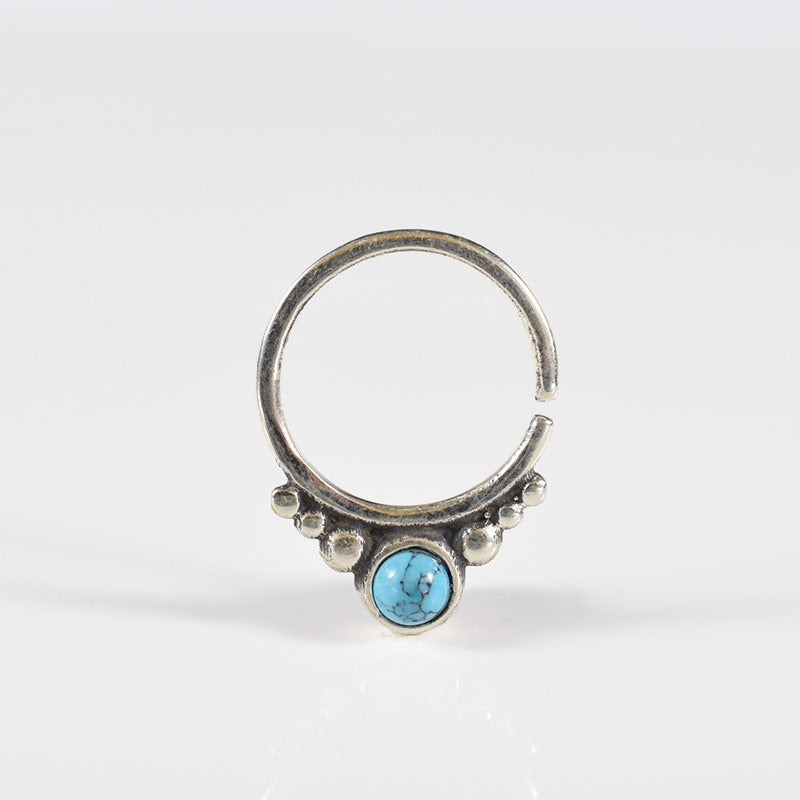 tribal septum ring in silver with turquoise stone