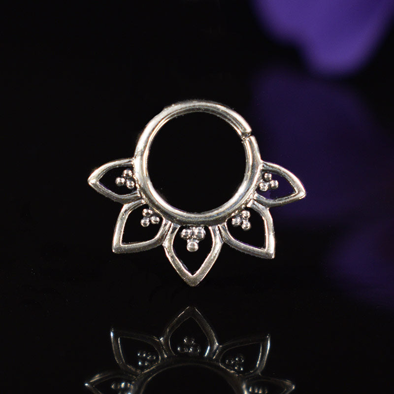 small silver septum ring with tribal petal mandala design