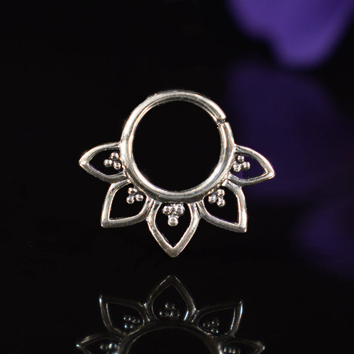 small silver septum ring with tribal petal mandala design