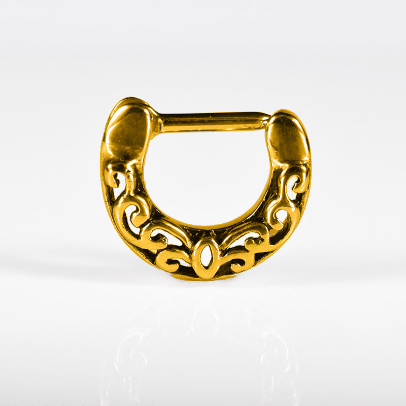 very small gold septum clicker with filigree design fits snug around the septum
