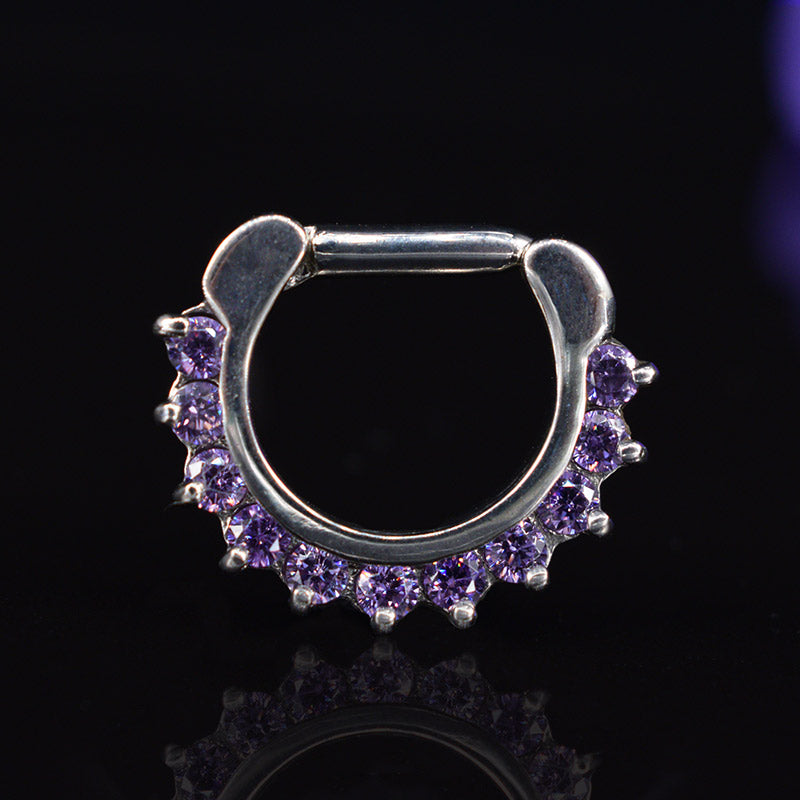 1.6mm septum clicker ring with prong set purple amethyst gems