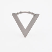 V shape septum clicker in surgical steel on a plain white background