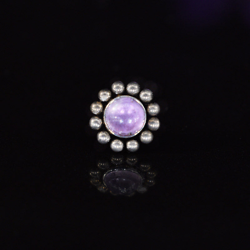 threadless piercing end with amethyst and titanium dots