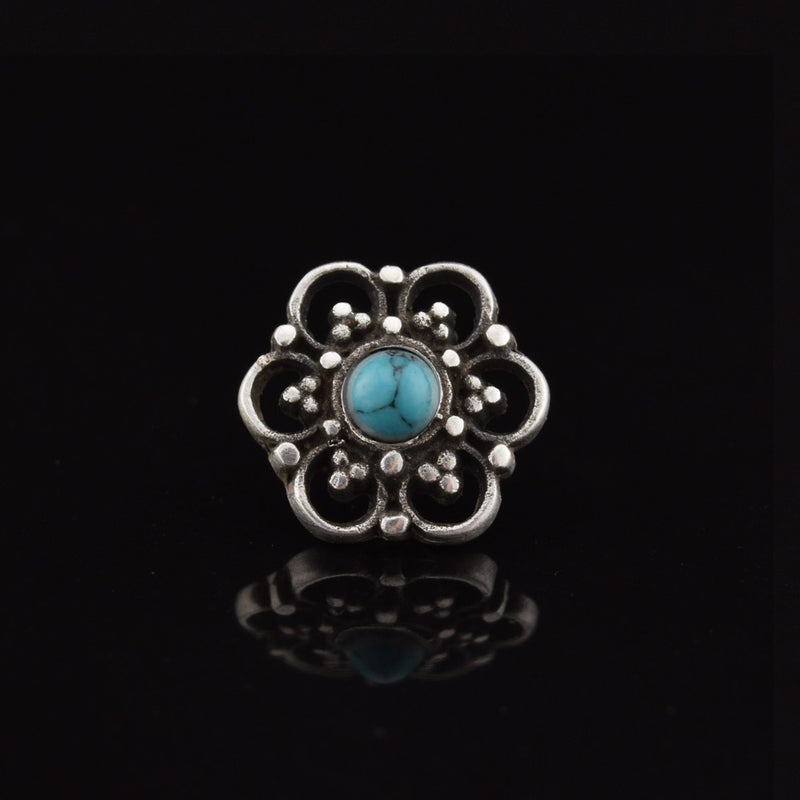 threadless piercing end silver flower mandala with turquoise stone