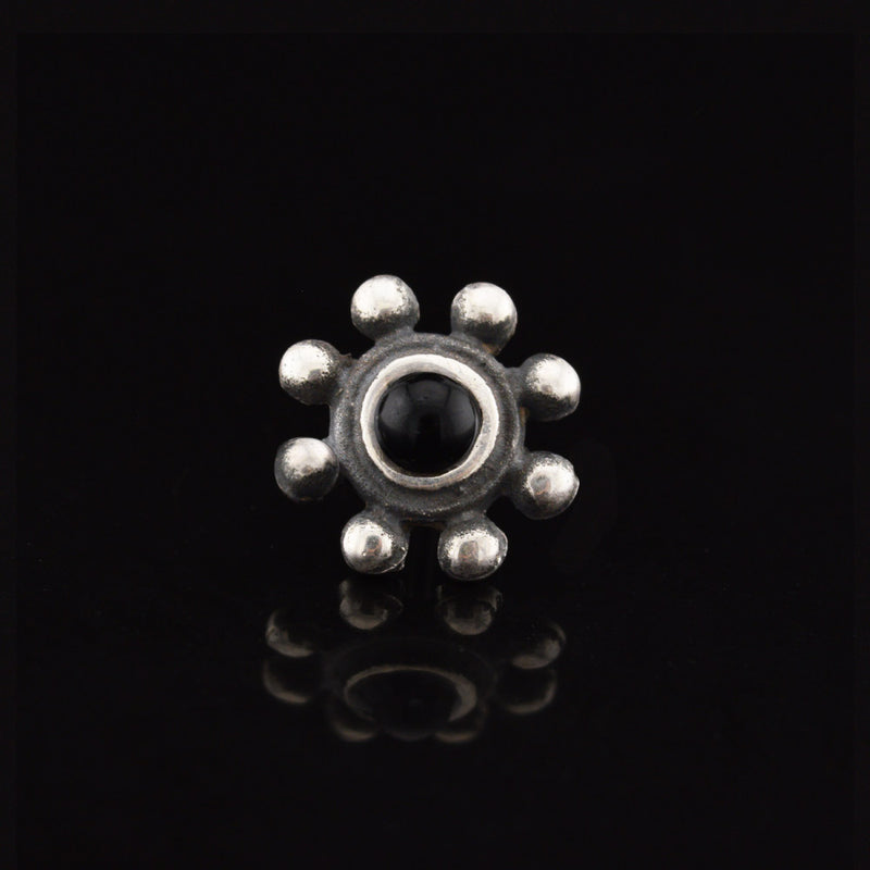 sterling silver threadless end, tribal dots surrounding a black onyx stone