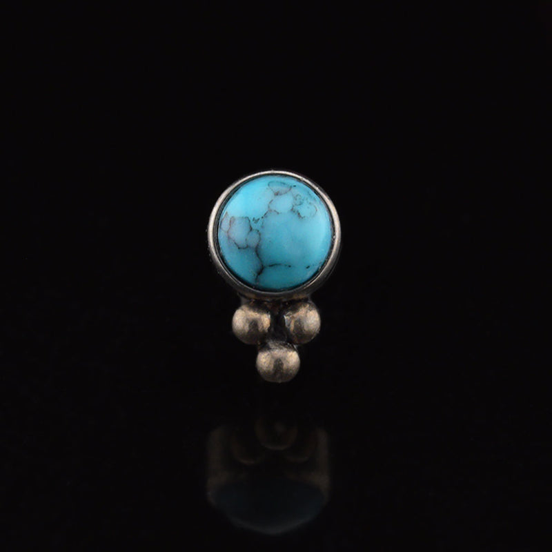 turquoise stone threadless piercing end with triple beads in titanium