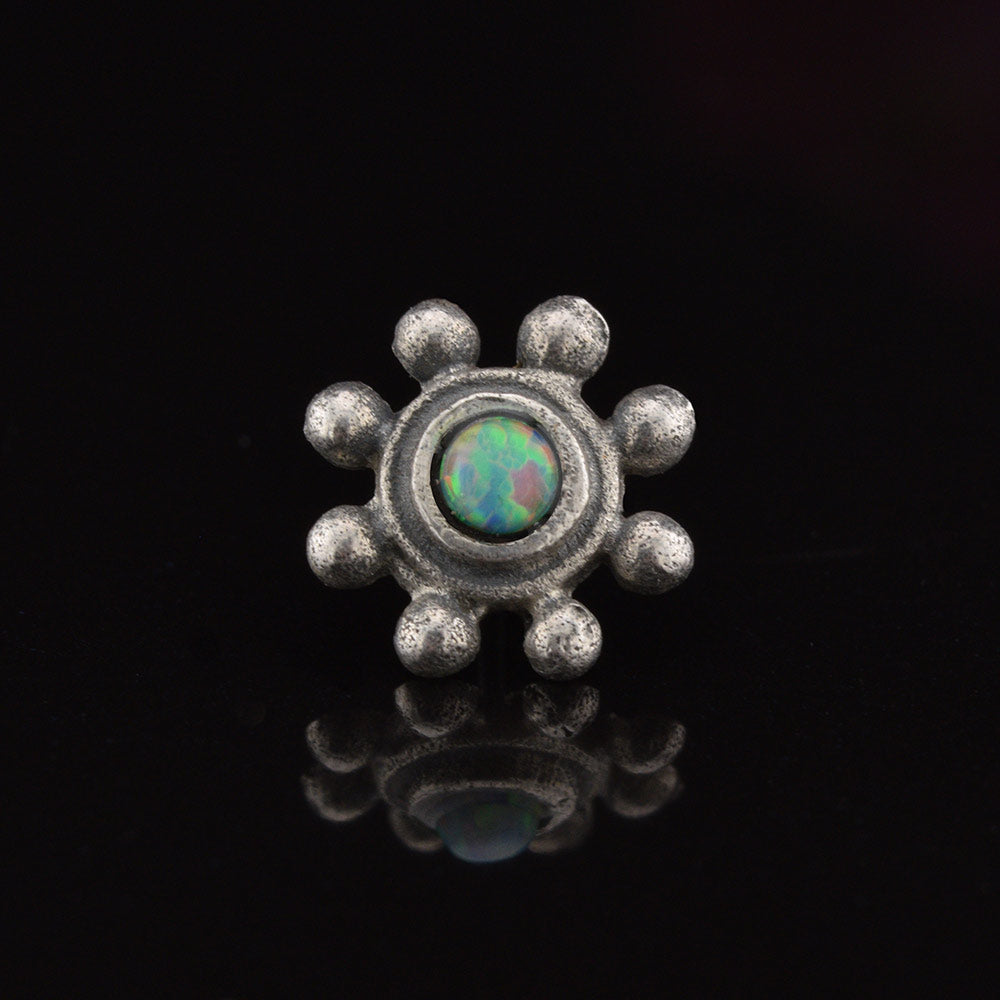 silver threadless end, tribal flower with opal stone
