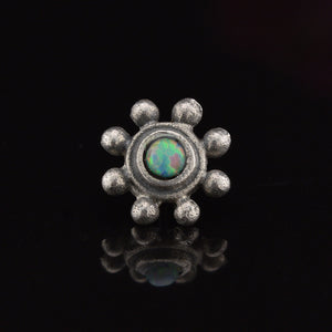 silver threadless end, tribal flower with opal stone

