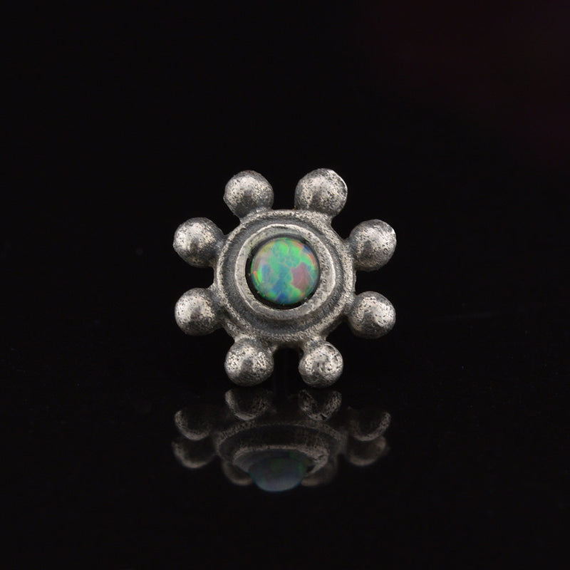 silver threadless end, tribal flower with opal stone
