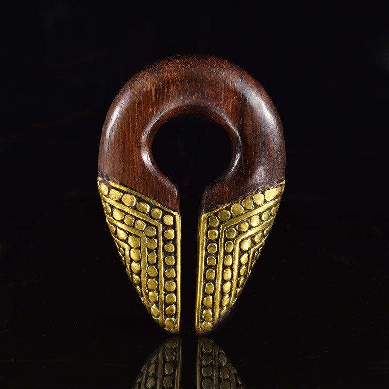 keyhole ear weights in wood and brass with tribal dot pattern