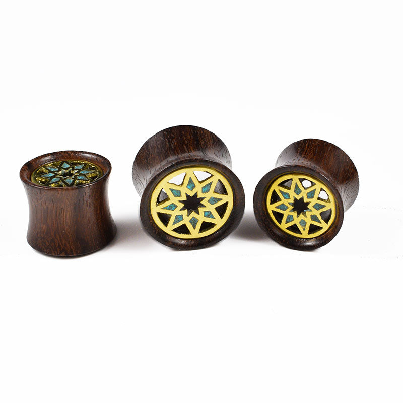wooden ear tunnels with 8 pointed star in brass inlaid with turqouise