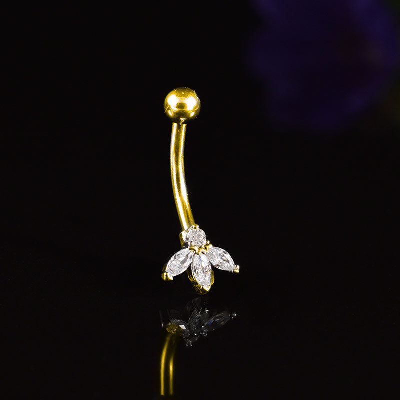 piercing curved bar in gold with clear crystals