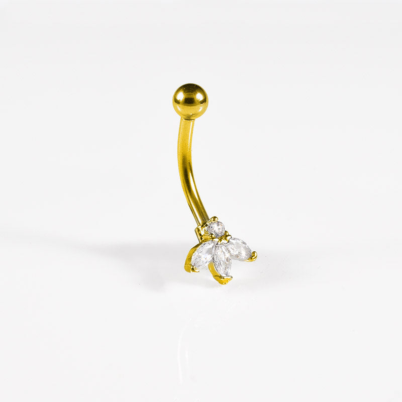 gold curved barbell with clear crystals