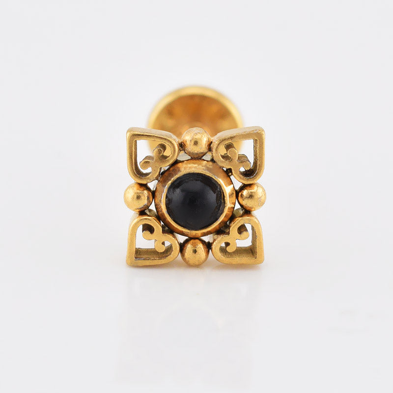gold tribal labret with black onyx stone and heart mandala filigree