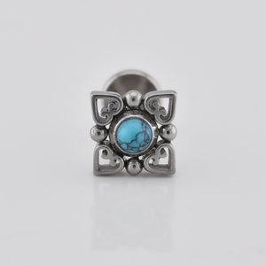 tribal labret with turquopise stone and heart filigree design
