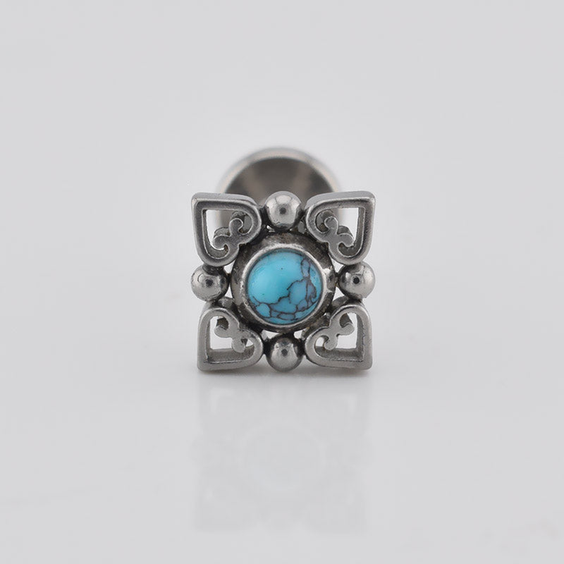 tribal labret with turquopise stone and heart filigree design