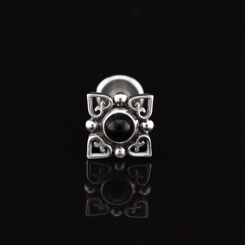 tribal labret black onyx stone and heart filigree design internally threaded 