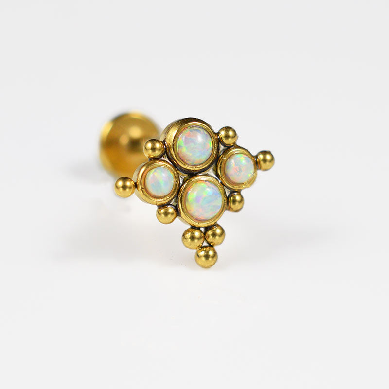 internally threaded gold pvd labret with white opal cluster