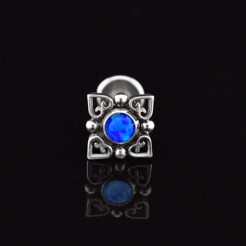 blue opal labret with heart mandala internally threaded in surgical steel