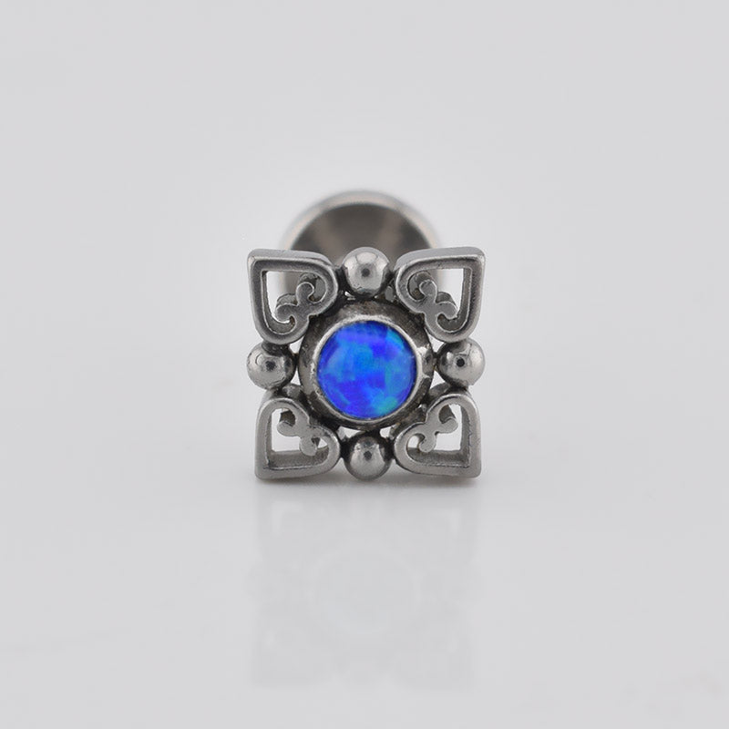 blue opal labret with heart mandala filigree internally threaded