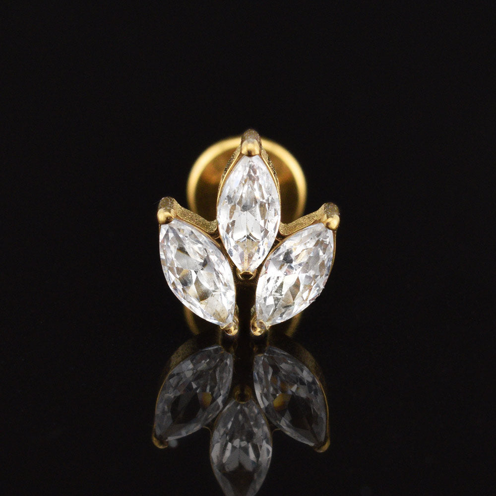 Triple CZ jewels on gold titanium flat back labret for helix piercings, internally threaded 1.2mm x 6mm