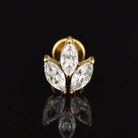 Triple CZ jewels on gold titanium flat back labret for helix piercings, internally threaded 1.2mm x 6mm