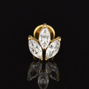 Triple CZ jewels on gold titanium flat back labret for helix piercings, internally threaded 1.2mm x 6mm