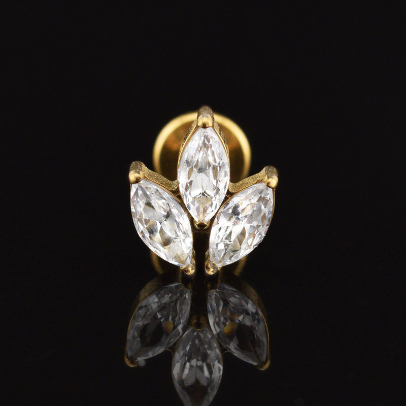 Triple CZ jewels on gold titanium flat back labret for helix piercings, internally threaded 1.2mm x 6mm